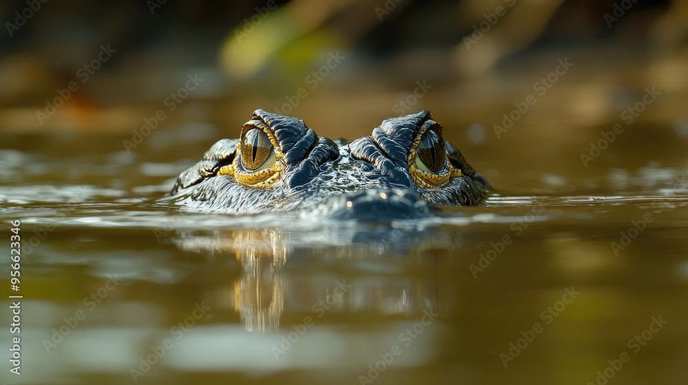Amazonian black caiman lurking in the water, its eyes just above the surface, waiting for unsuspecting prey Amazonian black caiman lurking in the water, its eyes just above the surface, waiting for unsuspecting prey
