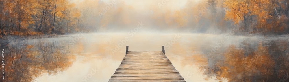 A wooden dock extending over a serene lake with mist rolling over the water, surrounded by autumnal trees in golden hues, impressionism, oil painting A wooden dock extending over a serene lake with mist rolling over the water, surrounded by autumnal trees in golden hues, impressionism, oil painting
