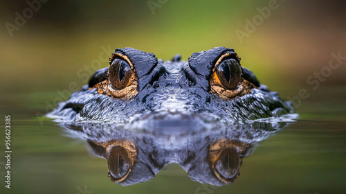 Amazonian black caiman lurking in the water, its eyes just above the surface, waiting for unsuspecting prey photo