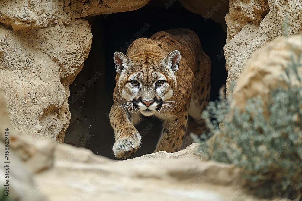 A Cougar Emerges from a Rock Cave A Cougar Emerges from a Rock Cave