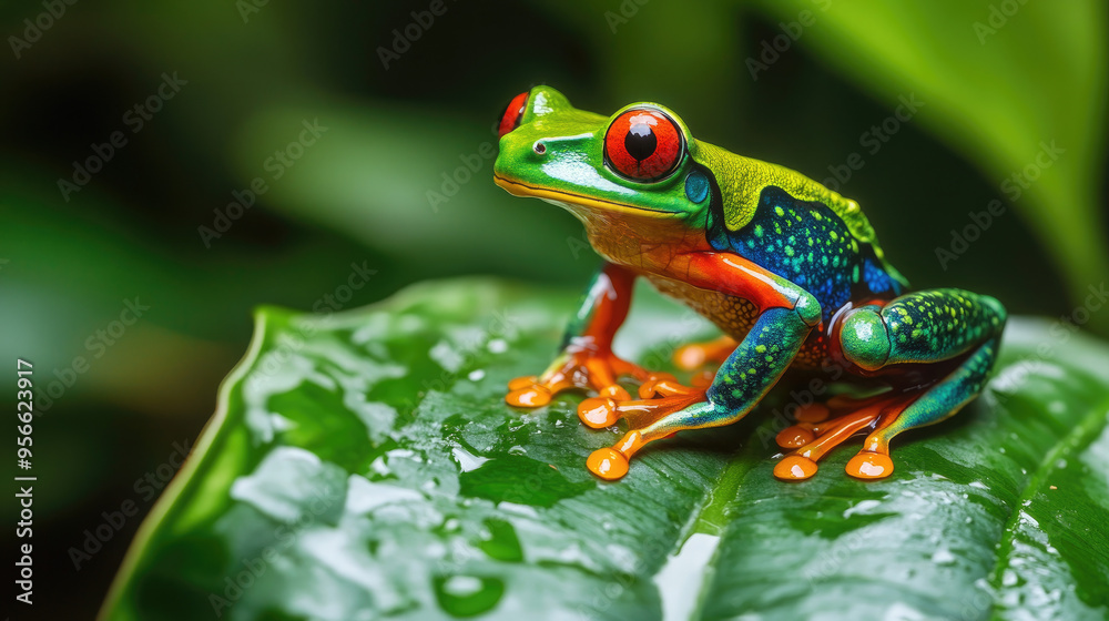 Amazonian poison dart frog on a leaf, its bright colors contrasting with the rich greenery of the rainforest Amazonian poison dart frog on a leaf, its bright colors contrasting with the rich greenery of the rainforest