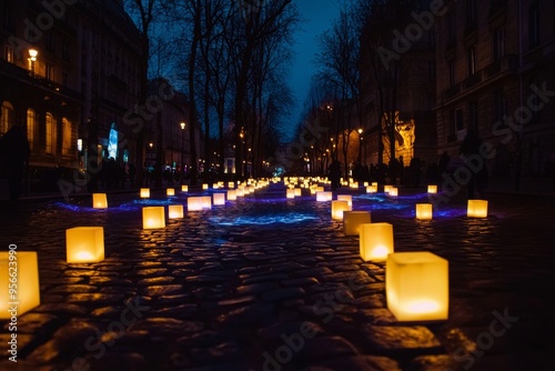 Nighttime Shot of an Illuminated Art Installation in Paris During Nuit Blanche on an Empty Cobblestone Street with Dreamy Atmosphere photo