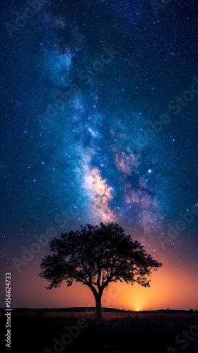 Silhouette tree in Africa with stars and the Milky Way in the background. A dark tree silhouetted against the setting sun.