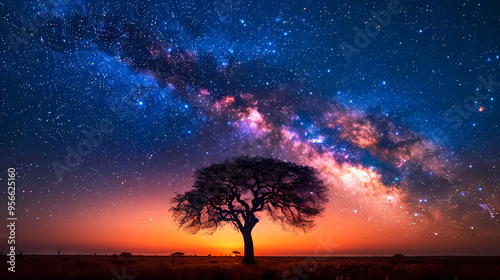 Silhouette tree in Africa with stars and the Milky Way in the background. A dark tree silhouetted against the setting sun.