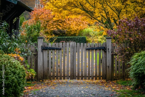 A gravel driveway is surrounded by colourful autumn trees and a picket fence