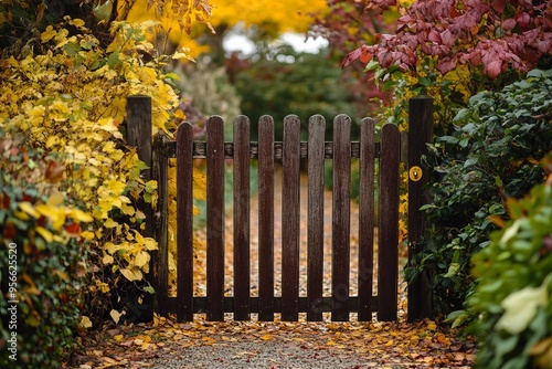 Gravel driveway with picket fence and gate under colourful autumn trees photo