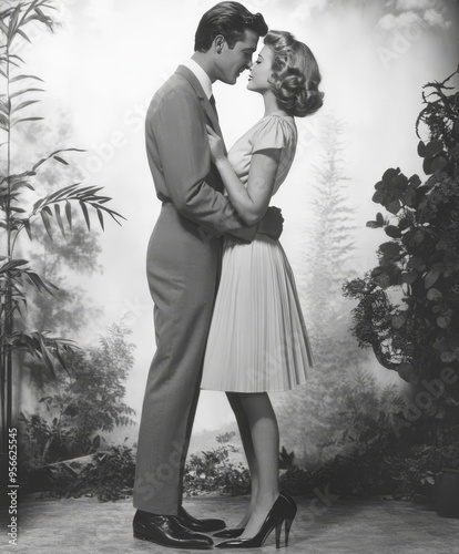 A romantic black and white photo of a young couple kissing in 1950s attire, set against a natural, leafy background.