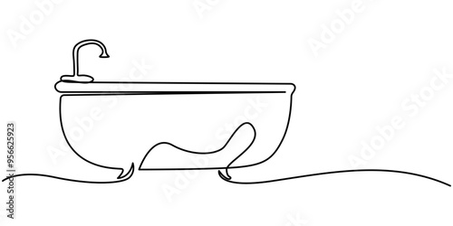 Bathtub in continuous line art drawing style. Clawfoot tub minimalist black linear design isolated on white background. Vector illustration, Bathtub line icon. Editable stroke icon