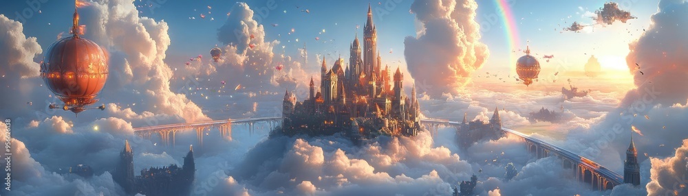 Fototapeta premium Sky kingdom, with castles on clouds, rainbow bridges, and floating airships, fantasy environment, 3D illustration