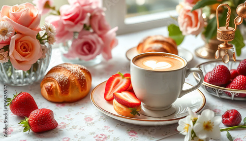 The table is set with a vase of roses and a bowl of raspberries