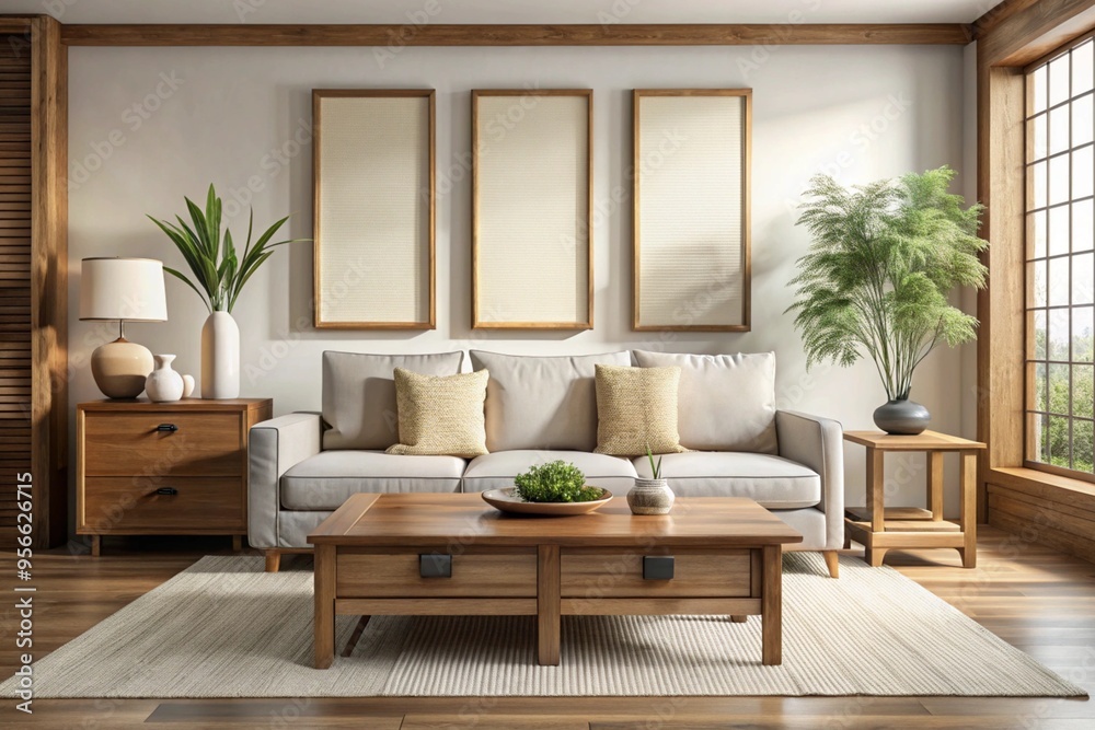 Fototapeta premium Square coffee table near white sofa and rustic cabinets against white wall with blank poster frames with copy space. Japanese home interior design of modern living room