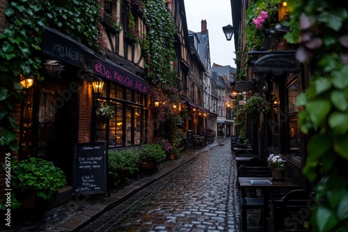 A picturesque scene featuring a quaint cobblestone street, lined with ivy-covered buildings housing cozy bistros, with a peaceful and nostalgic ambiance prevailing.