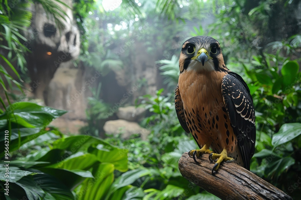 A Sharp-Eyed Falcon Perched on a Branch in a Lush Green Forest A Sharp-Eyed Falcon Perched on a Branch in a Lush Green Forest