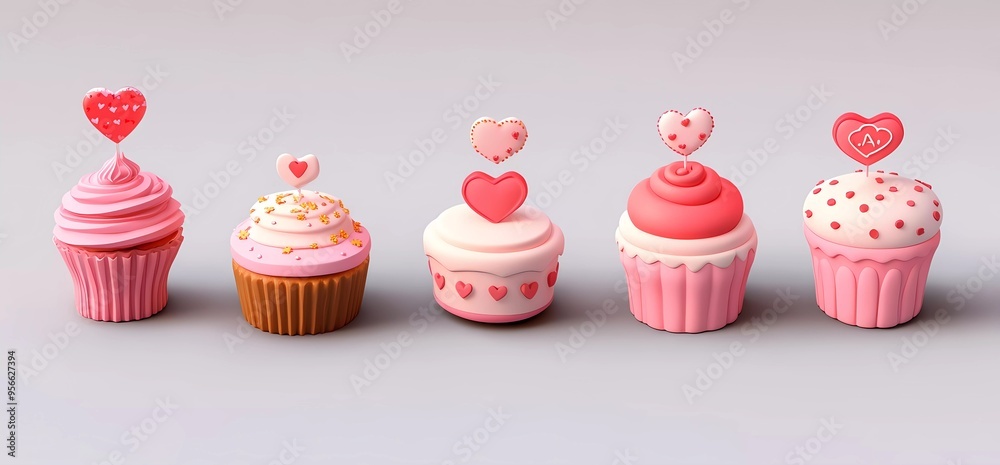 Set of cute cartoon Valentine's Day cakes and cupcakes icon vector illustration on a grey background Set of cute cartoon Valentine's Day cakes and cupcakes icon vector illustration on a grey background