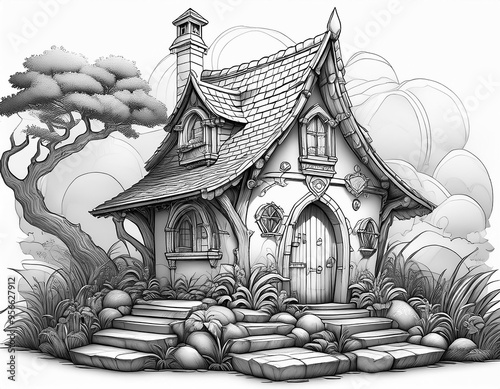 Grayscale gnome house with a stairway, engraved stones, and a broken roof. The design is in medieval fairytale style. photo