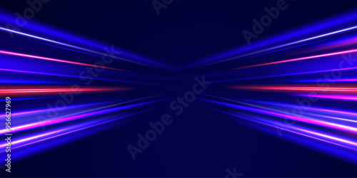 speed Acceleration speed motion on night road. Magic moving fast speed police lines. Blurred car light motion effect, city road background with long exposure night lights.