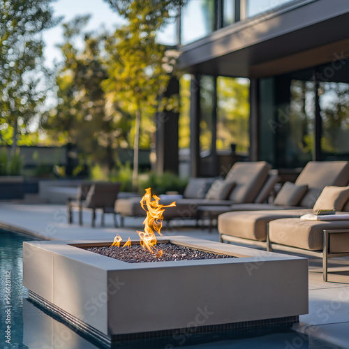 A modern fire pit flickers beside an elegant poolside lounge, capturing a warm, inviting summer ambiance and relaxation. photo