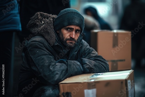 Individuals face hardship in a cold city, creating makeshift shelters from cardboard, revealing exhaustion and a struggle for survival. Generative AI photo