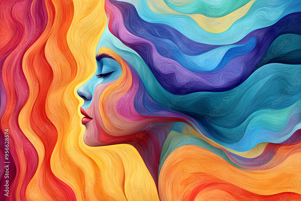 A beautiful woman with long hair, her face partially hidden behind colorful waves of vibrant colors that flow like the wind. A beautiful woman with long hair, her face partially hidden behind colorful waves of vibrant colors that flow like the wind.