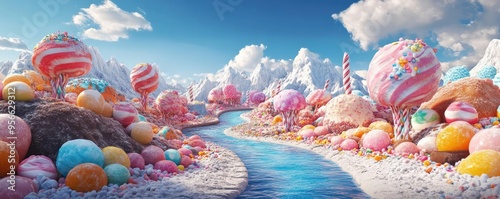 Whimsical candy land, with gumdrop mountains, chocolate rivers, and candy cane trees, fantasy environment, 3D illustration photo