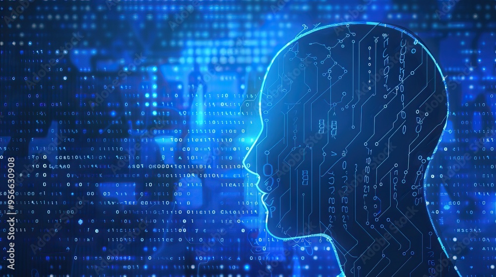 Human Head, Circuitry, and Binary Code, Blue Hues: A Digital Illustration of Artificial Intelligence and Technology Human Head, Circuitry, and Binary Code, Blue Hues: A Digital Illustration of Artificial Intelligence and Technology