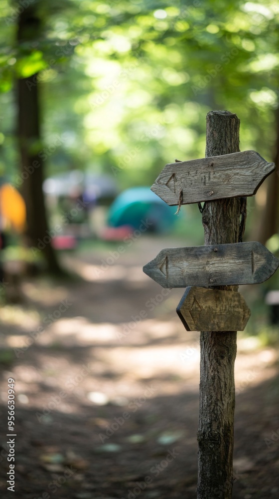 Wooden Signpost in a Forest Campground Wooden Signpost in a Forest Campground