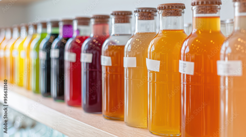 Colorful bottled drinks on wooden shelf in beverage store display Colorful bottled drinks on wooden shelf in beverage store display
