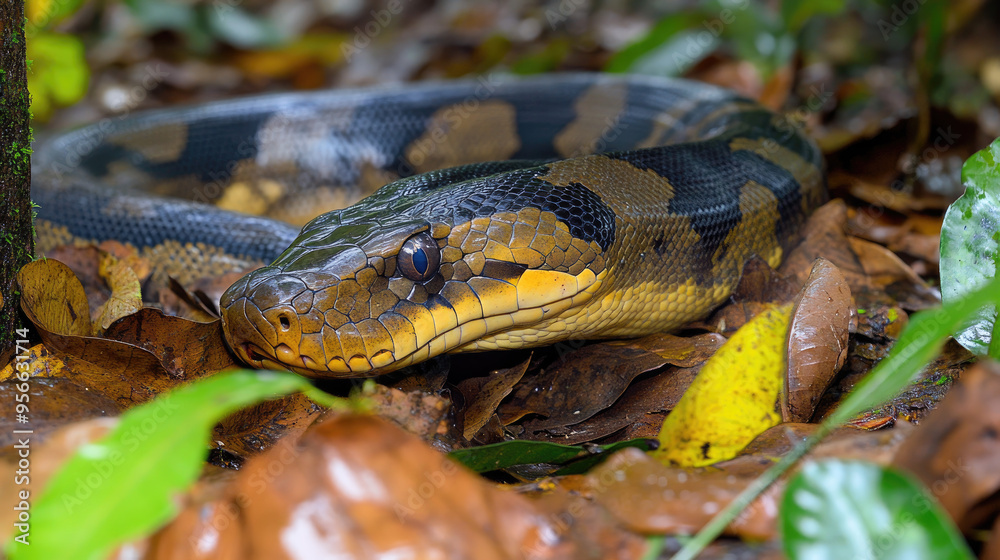 Giant anaconda slithering through the underbrush of the Amazon rainforest, camouflaged among the leaves Giant anaconda slithering through the underbrush of the Amazon rainforest, camouflaged among the leaves