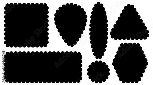 Set of scallop edge frames black shapes isolated on white background. Zigzag wavy forms Square, rectangle, circle, oval border Decorative collection Abstract design tag, stickers Vector illustrations.