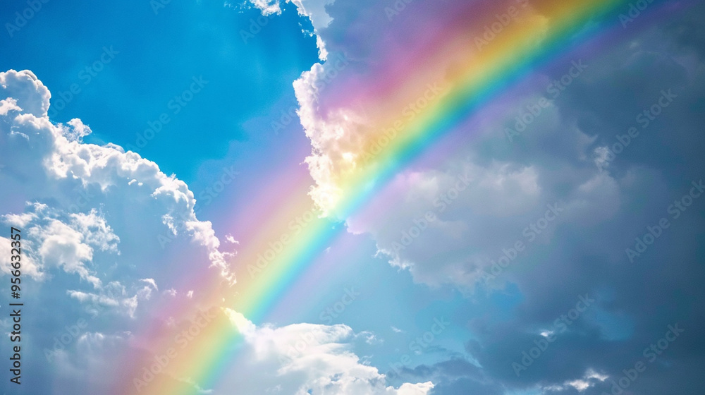 Medium close-up of a rainbow appearing in the sky after a storm, symbolizing the promise of hope. Medium close-up of a rainbow appearing in the sky after a storm, symbolizing the promise of hope.