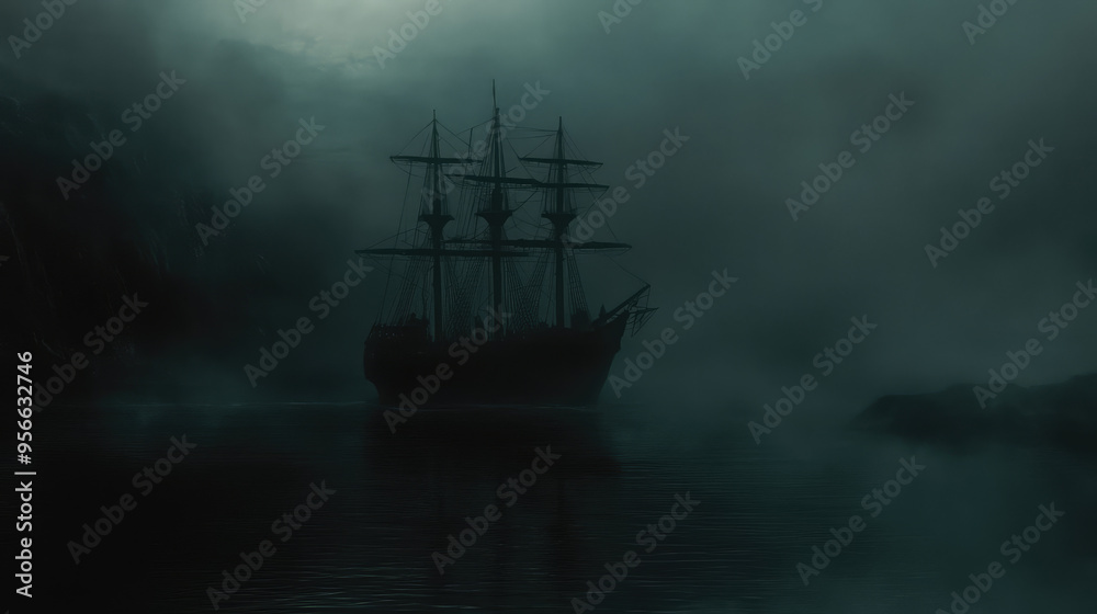 Fototapeta premium A ghostly ship emerging from the mist on a dark, eerie sea, with faint figures on the deck.