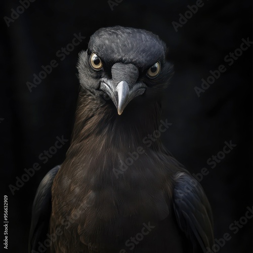 A close-up of a striking black bird with intense eyes on a dark background photo