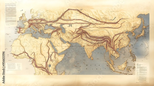 Mind map global trade routes covering historical Silk Road maritime routes and modern logistics networks