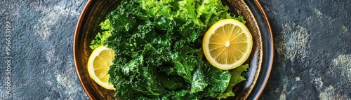 Dark leafy greens arranged on a plate with lemon slices, rich in vitamins, brainboosting meal photo