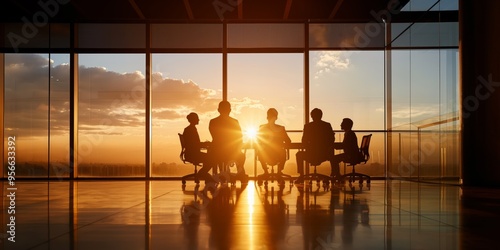 Silhouettes of people participating in a meeting in a modern office building, with the setting sun creating a dramatic backdrop, conveying teamwork and corporate environment. photo