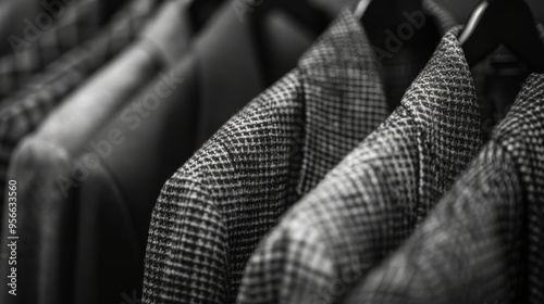 Stylish suits hanging neatly in a row, showcasing elegant patterns and classic designs for a fashionable look.