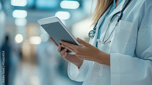 Doctor Using Tablet in Hospital Hallway