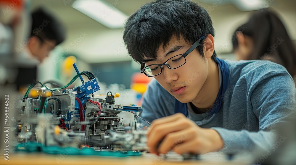 Engineering students are working on a robot project. technology of robotics programing Engineering students are working on a robot project. technology of robotics programing