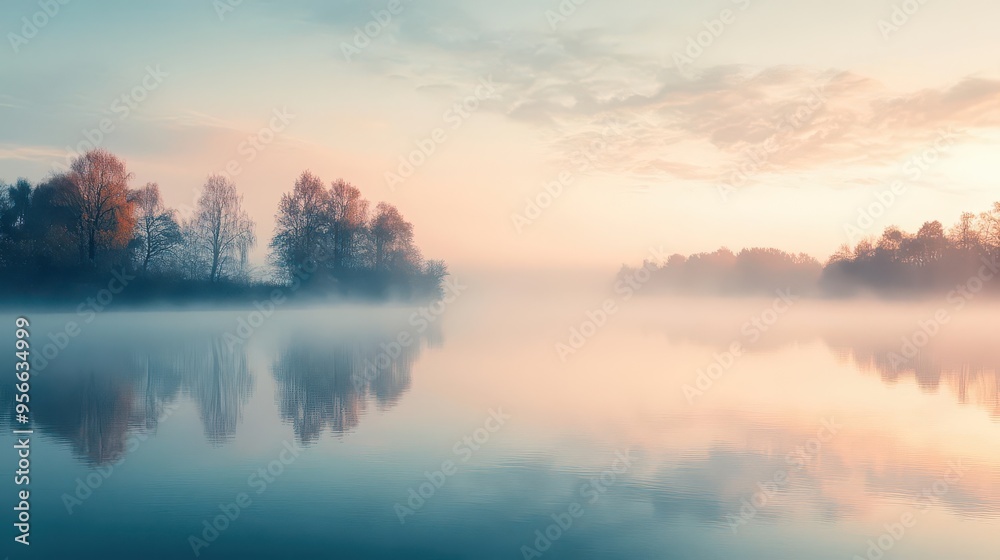 Fototapeta premium Drifting fog over a still lake at dawn, foggy weather, calm and ethereal