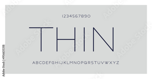 Thin font. Modern sans serif typography. Elegant typeface abc letters and numbers. Minimal alphabet for web, poster, logo design. Simple style uppercase. Abstract background. Vector illustration.
