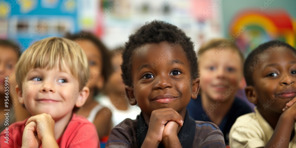 A group of multicultural kids sitting in a classroom setting, happy and engaged. Their diverse expressions reflect unity, learning, and positivity within a friendly educational environment. A group of multicultural kids sitting in a classroom setting, happy and engaged. Their diverse expressions reflect unity, learning, and positivity within a friendly educational environment.
