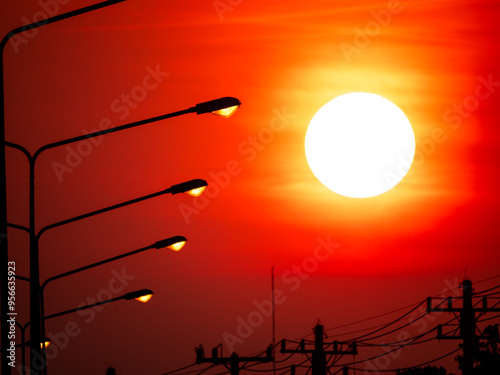 Sunset in The Red Sky near The Lights from Silhouette Electric Poles