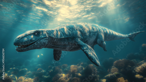 Extinct marine reptile Mosasaurus swimming underwater in prehistoric ocean, ancient sea predator
