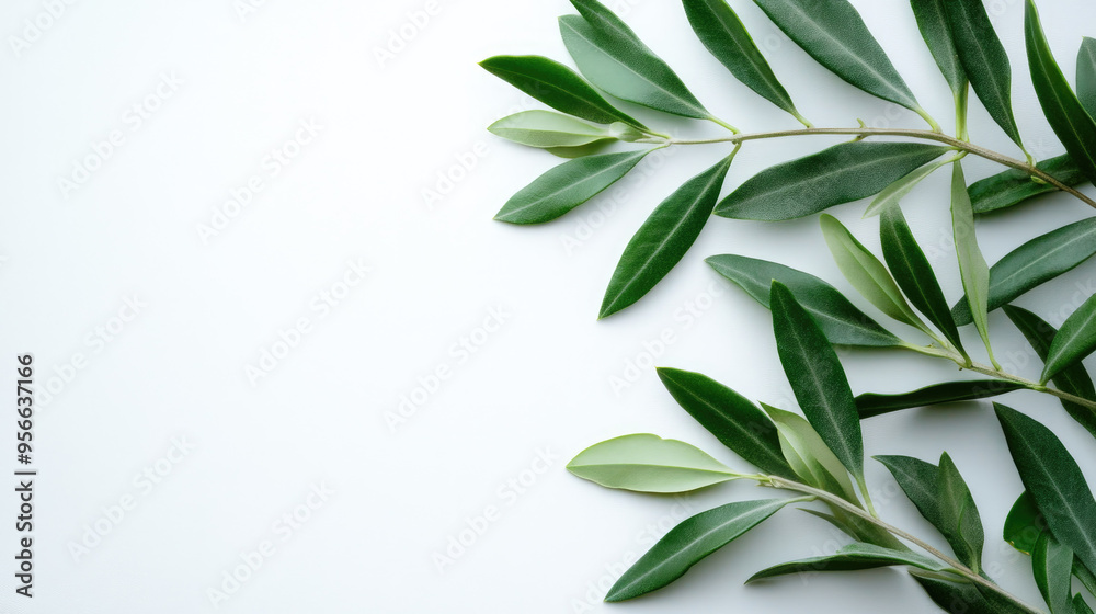 Minimalist composition of an olive branch with vibrant green leaves on a clean white background Minimalist composition of an olive branch with vibrant green leaves on a clean white background