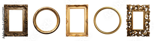 set of gold frames in square and round shapes, isolated on transparent background, generated ai
