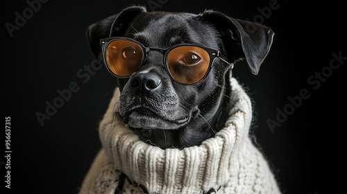 Stylish black dog in knitwear and sunglasses with brown tinted lenses
