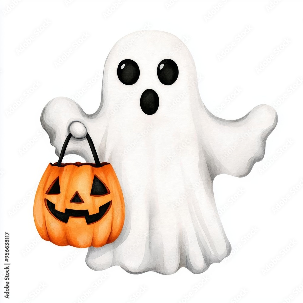 A single cute ghost holding a trickortreat bag, watercolor illustration, clipart, isolated on pure white background A single cute ghost holding a trickortreat bag, watercolor illustration, clipart, isolated on pure white background
