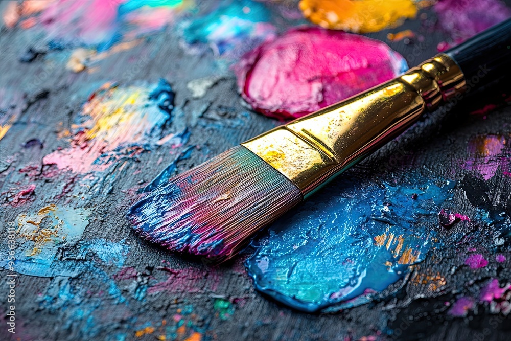 Fototapeta premium Artistic Palette with Paintbrush and Vibrant Colors