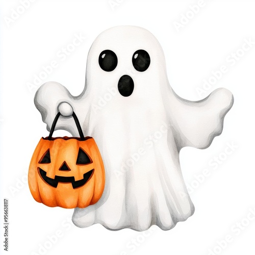 A single cute ghost holding a trickortreat bag, watercolor illustration, clipart, isolated on pure white background