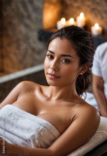 A woman enjoying a relaxing shoulder massage in a serene, candle-lit spa environment.